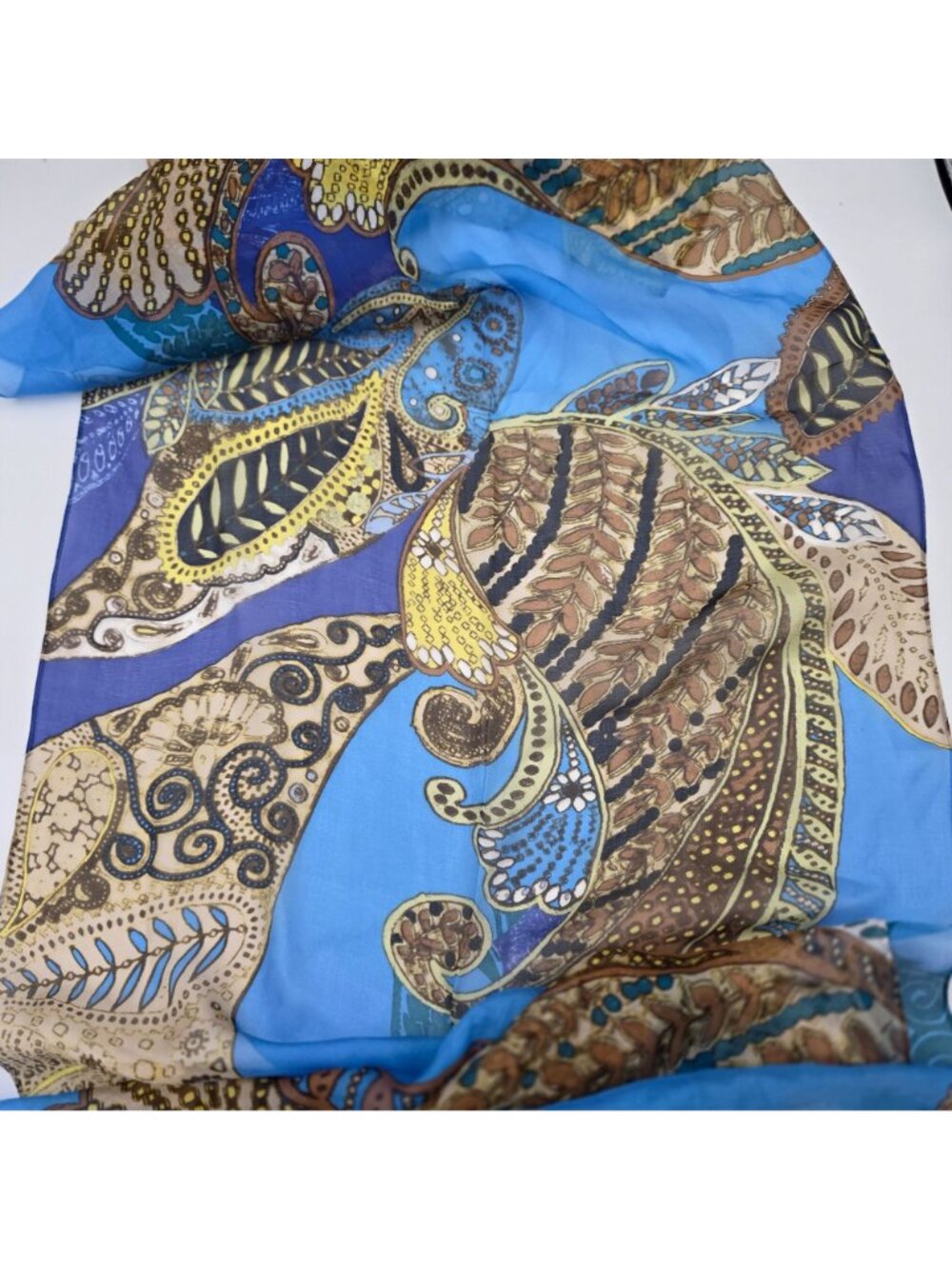 Anne Klein Womens 100% Silk Scarf With Paisley & Floral Print In Blue Brown Gold - Picture 6 of 9